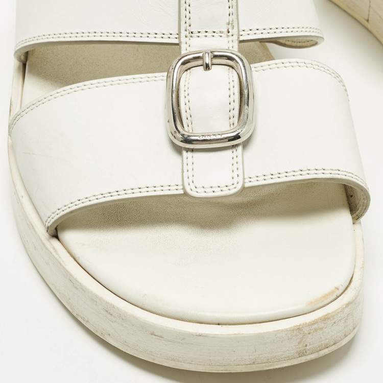 Pre Owned Gucci Size 43 White Leather Double Strap Flat Sandals