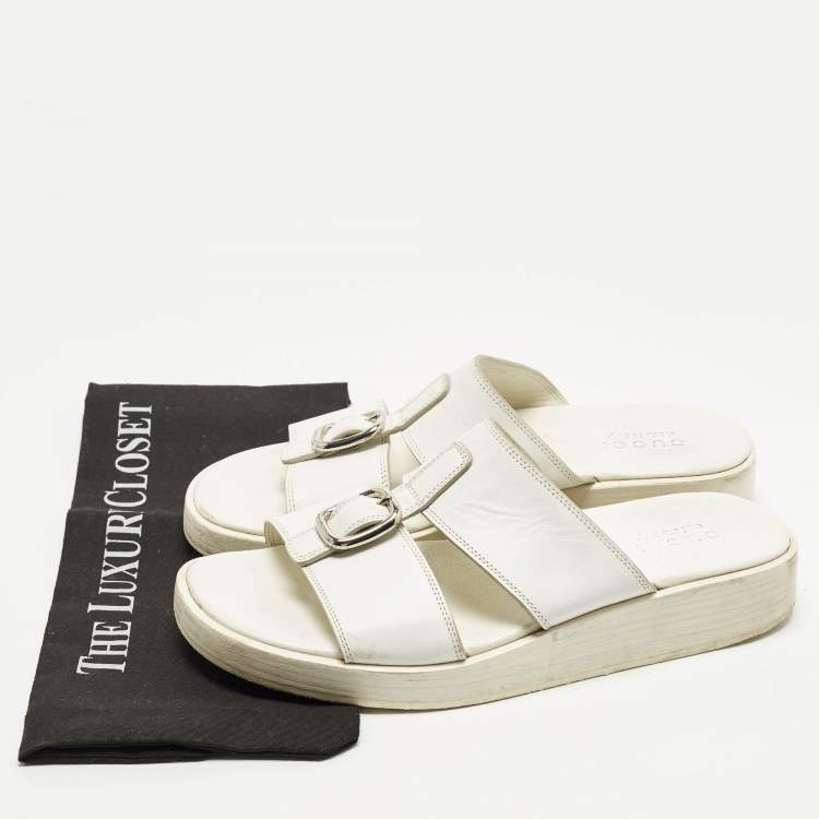 Pre Owned Gucci Size 43 White Leather Double Strap Flat Sandals