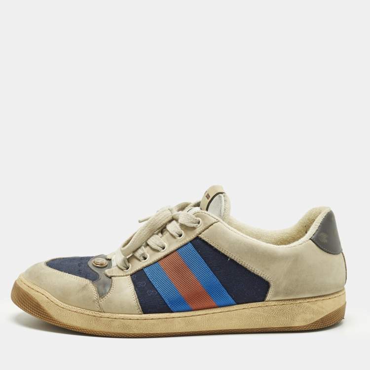 Pre Owned Gucci Screener Size 45 Multicolor Canvas and Nubuck Leather Web Low Top Sneakers