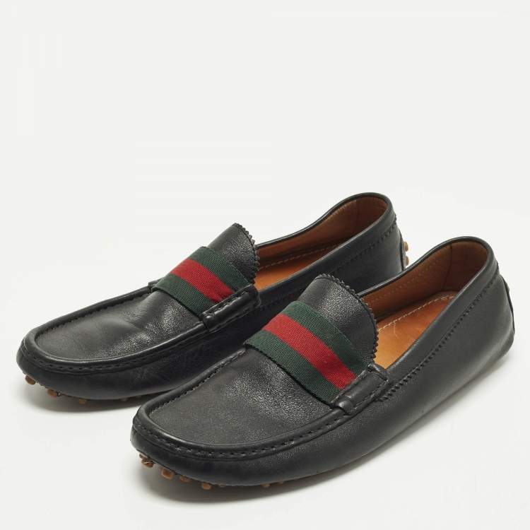 Pre Owned Gucci Web Size 42.5 Black Leather Slip On Loafers