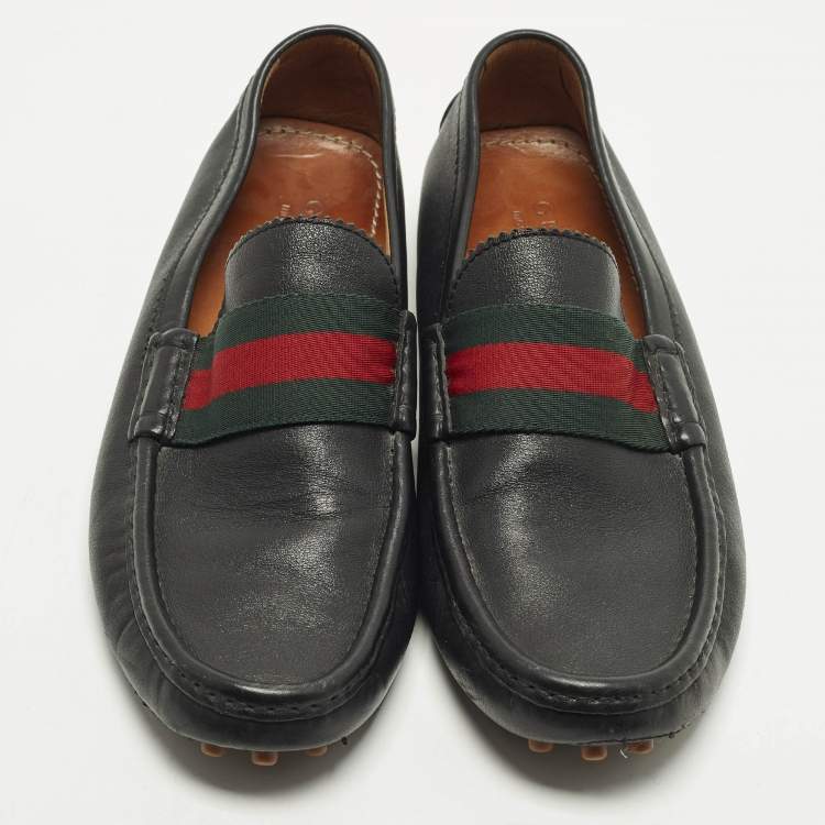 Pre Owned Gucci Web Size 42.5 Black Leather Slip On Loafers