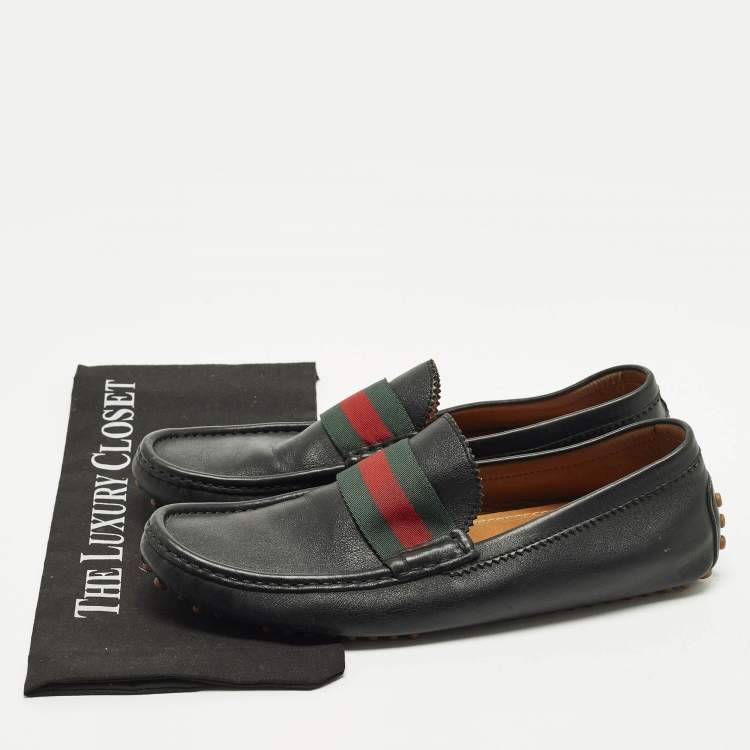 Pre Owned Gucci Web Size 42.5 Black Leather Slip On Loafers