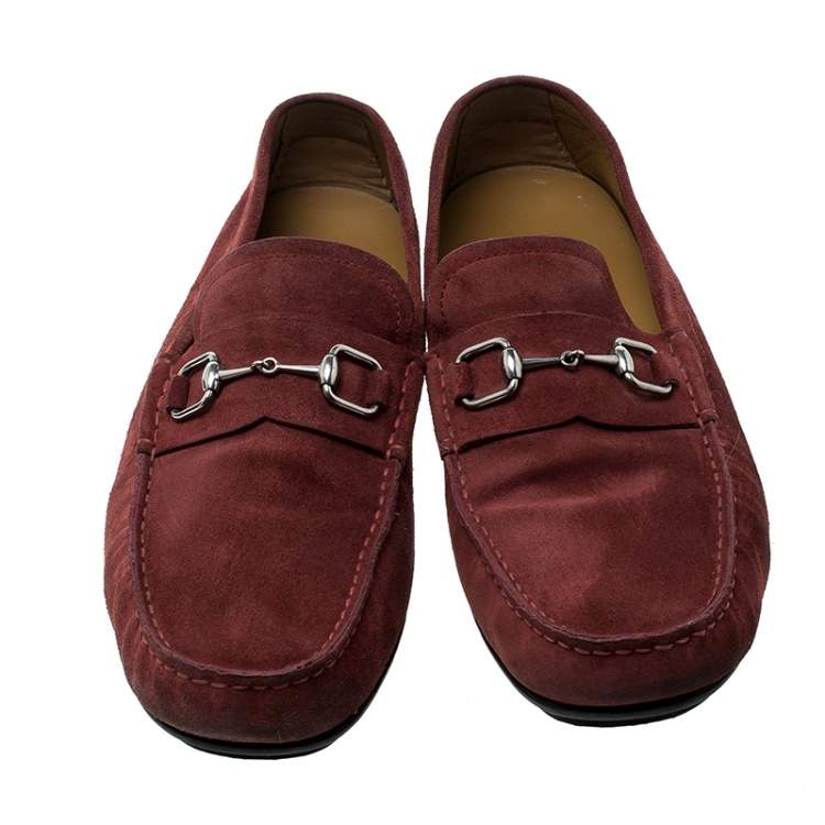 Pre Owned Gucci Red Suede Horsebit Loafers Size 44