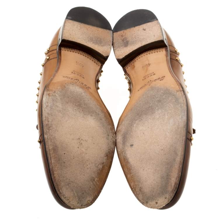 Pre Owned Gucci Brown Leather Studded Lace Up Oxfords 40.5