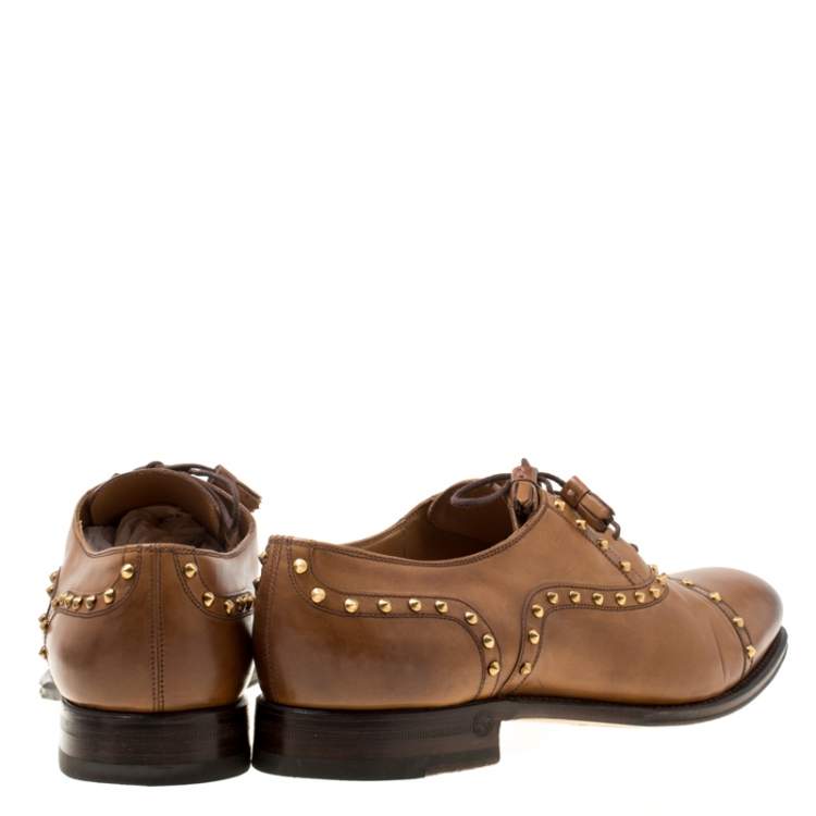 Pre Owned Gucci Brown Leather Studded Lace Up Oxfords 40.5