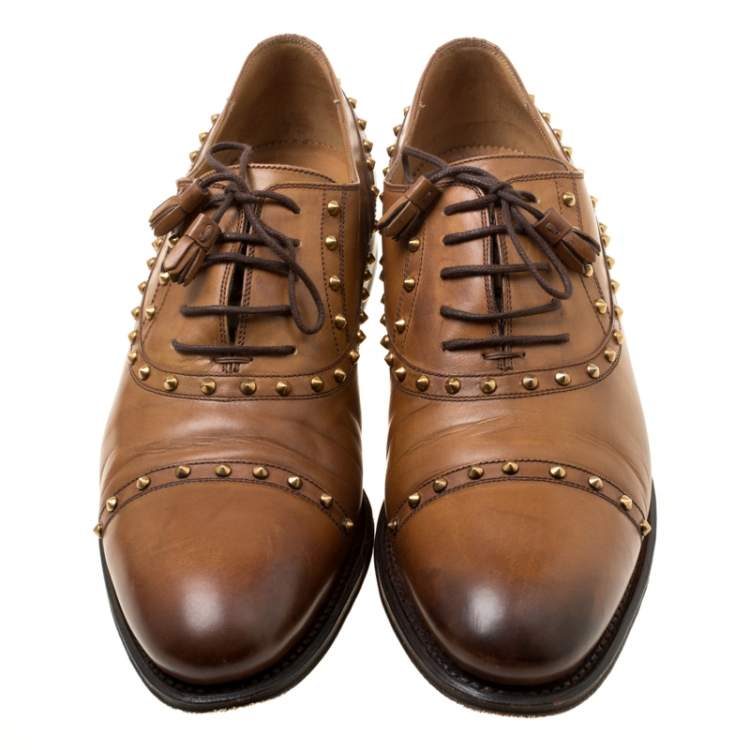 Pre Owned Gucci Brown Leather Studded Lace Up Oxfords 40.5