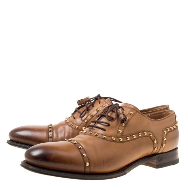 Pre Owned Gucci Brown Leather Studded Lace Up Oxfords 40.5