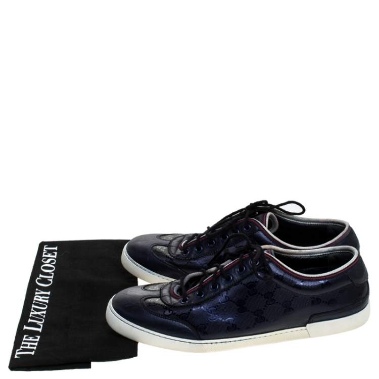 Pre Owned Gucci Metallic Blue GG Supreme Canvas And Leather Barcelona Low Top Sneakers Size 42.5