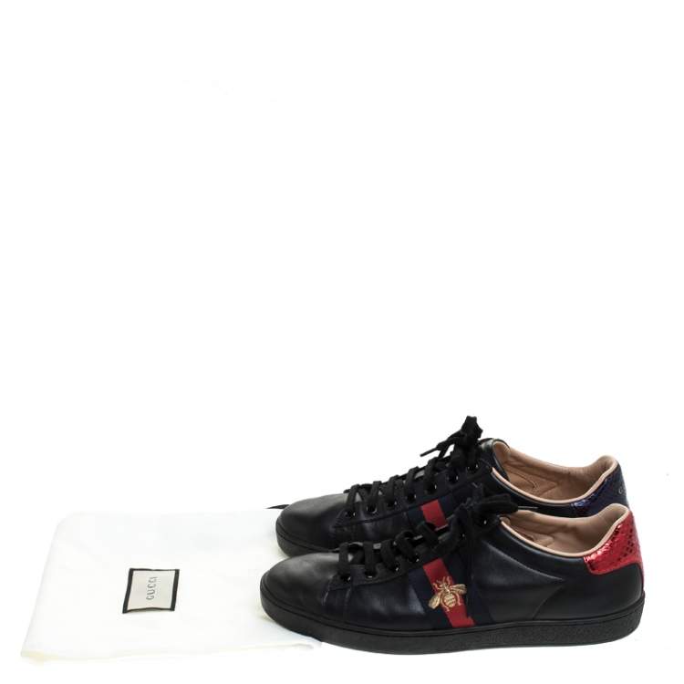 Pre Owned Gucci Black Leather Ace Web Bee Low Top Lace Up Sneakers Size 39.5