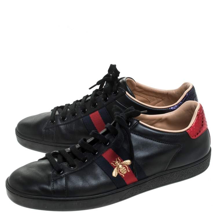 Pre Owned Gucci Black Leather Ace Web Bee Low Top Lace Up Sneakers Size 39.5