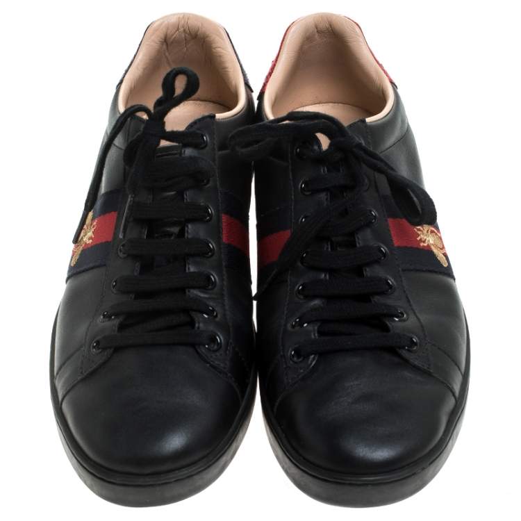 Pre Owned Gucci Black Leather Ace Web Bee Low Top Lace Up Sneakers Size 39.5