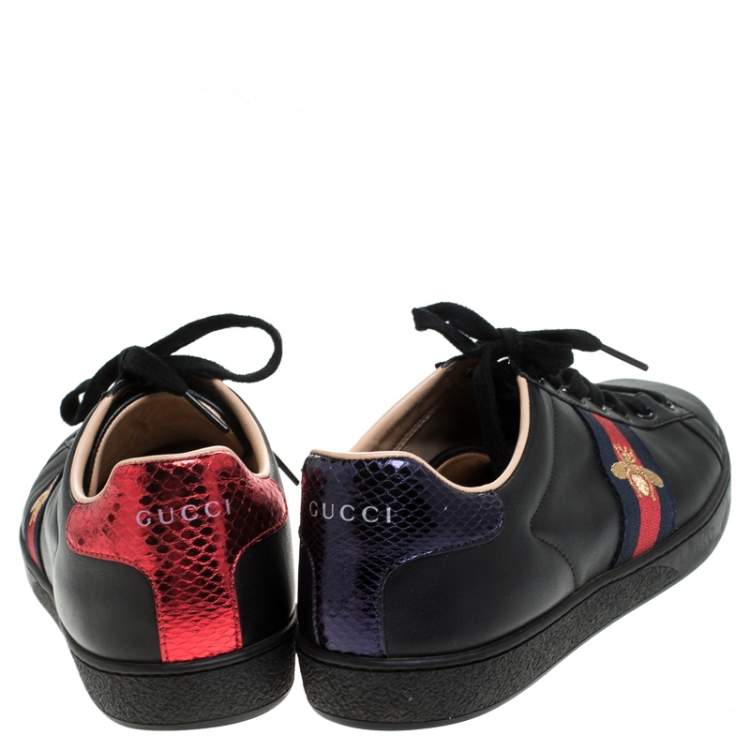Pre Owned Gucci Black Leather Ace Web Bee Low Top Lace Up Sneakers Size 39.5