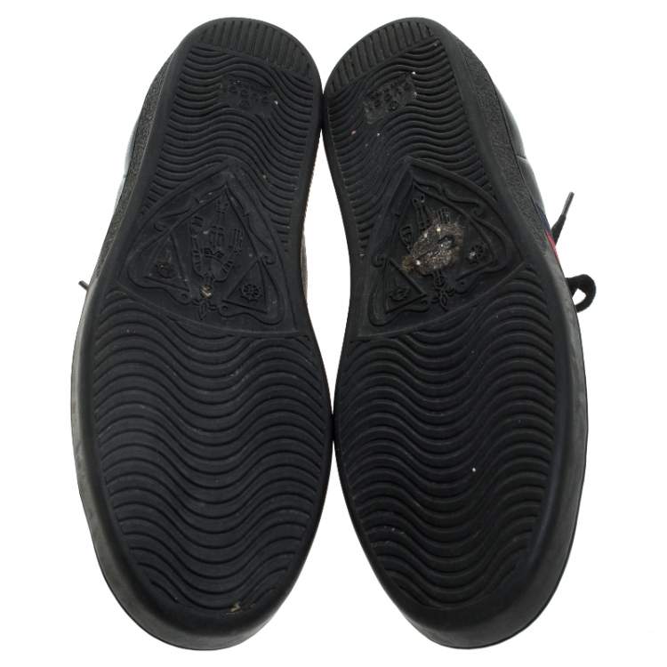 Pre Owned Gucci Black Leather Ace Web Bee Low Top Lace Up Sneakers Size 39.5