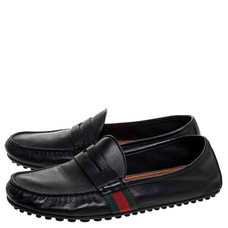 Gucci Black Leather Web Penny Loafers Size 40.5 Gucci | The Luxury Closet