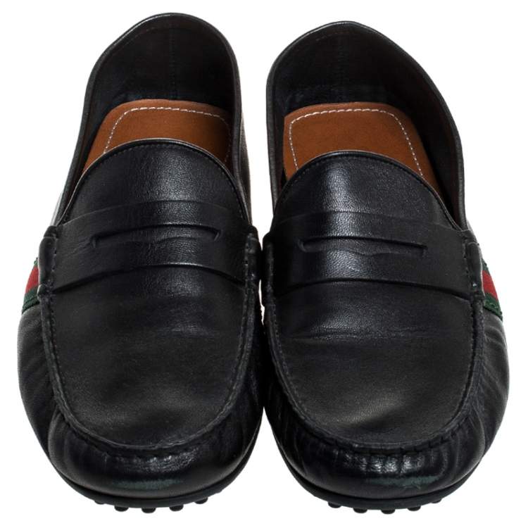 Pre Owned Gucci Black Leather Web Penny Loafers Size 40.5