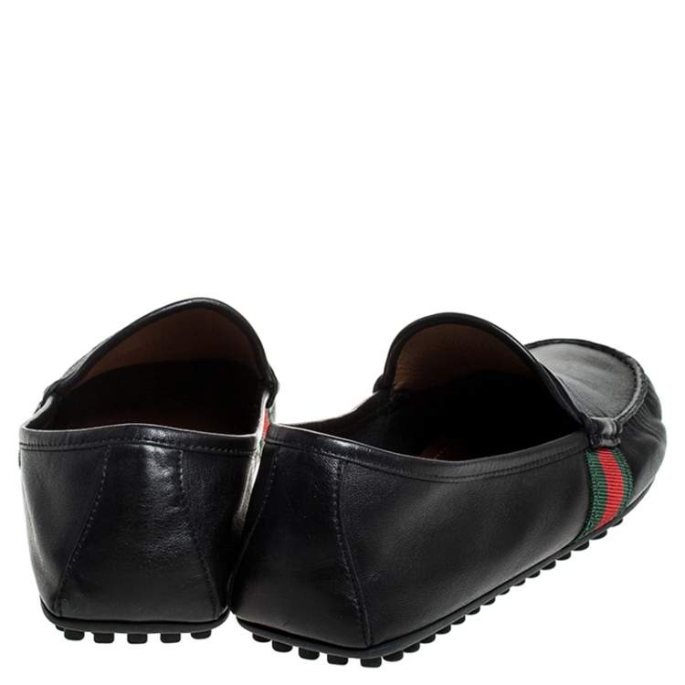 Pre Owned Gucci Black Leather Web Penny Loafers Size 40.5