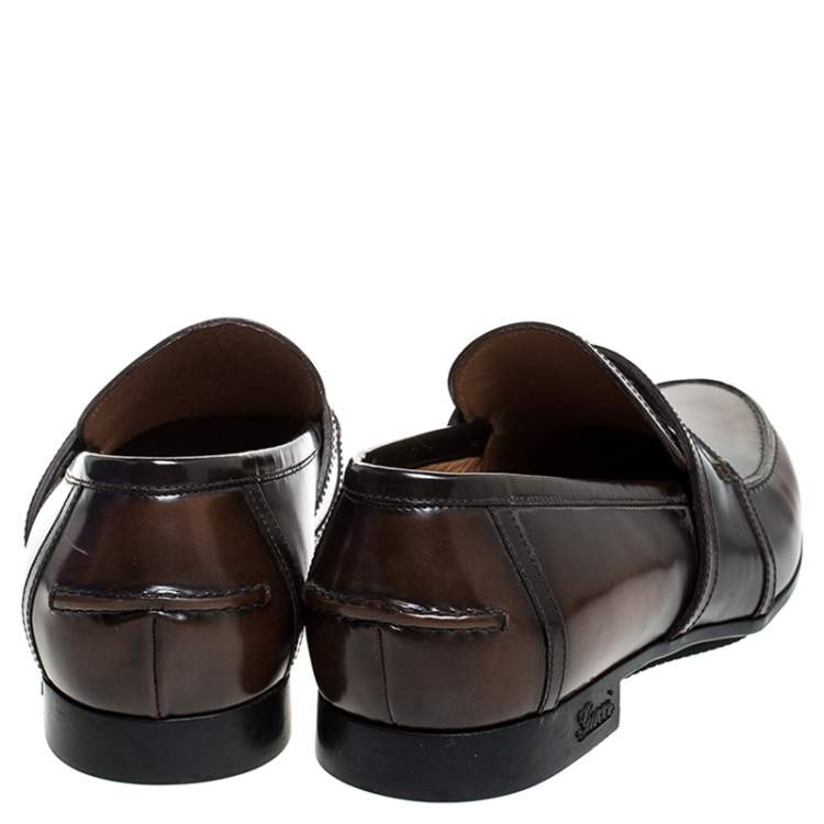 Pre Owned Gucci Two Tone Brown/Dark Brown Leather Penny Loafers Size 39.5
