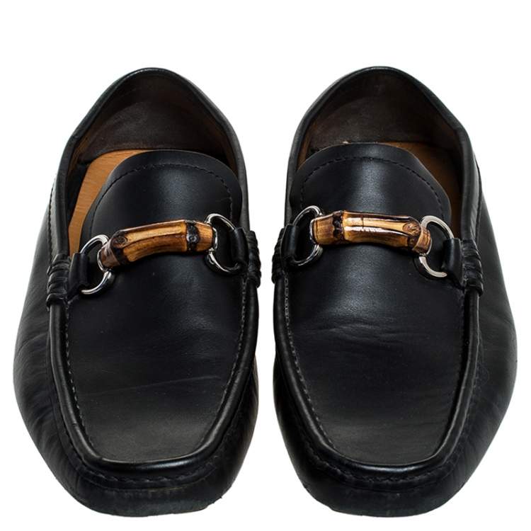 Pre Owned Gucci Black Leather Bamboo Horsebit Collapsible Heel Loafer Size 40