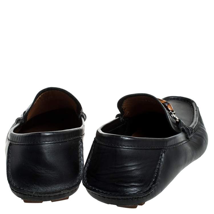 Pre Owned Gucci Black Leather Bamboo Horsebit Collapsible Heel Loafer Size 40