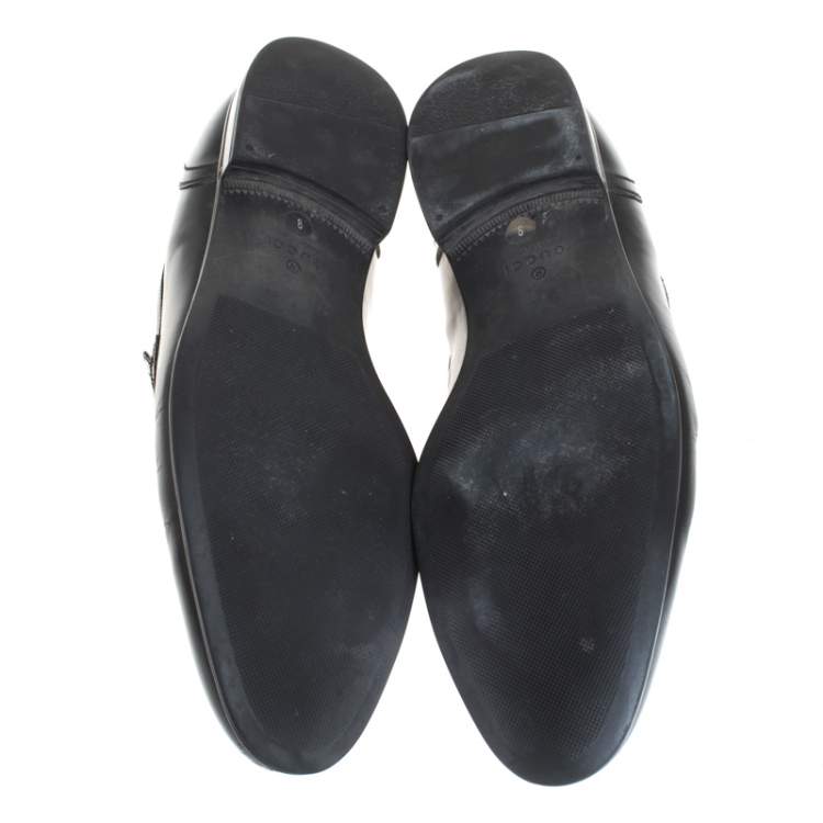 Pre Owned Gucci Black Leather Web Detail Penny Loafers Size 42