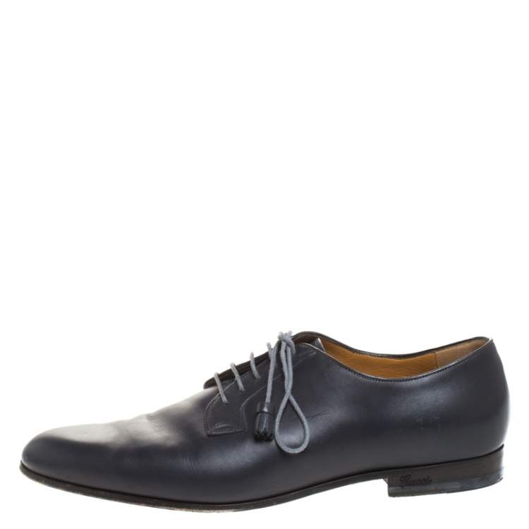 Pre Owned Gucci Black Leather Tassel Lace Detail Oxfords Size 44.5