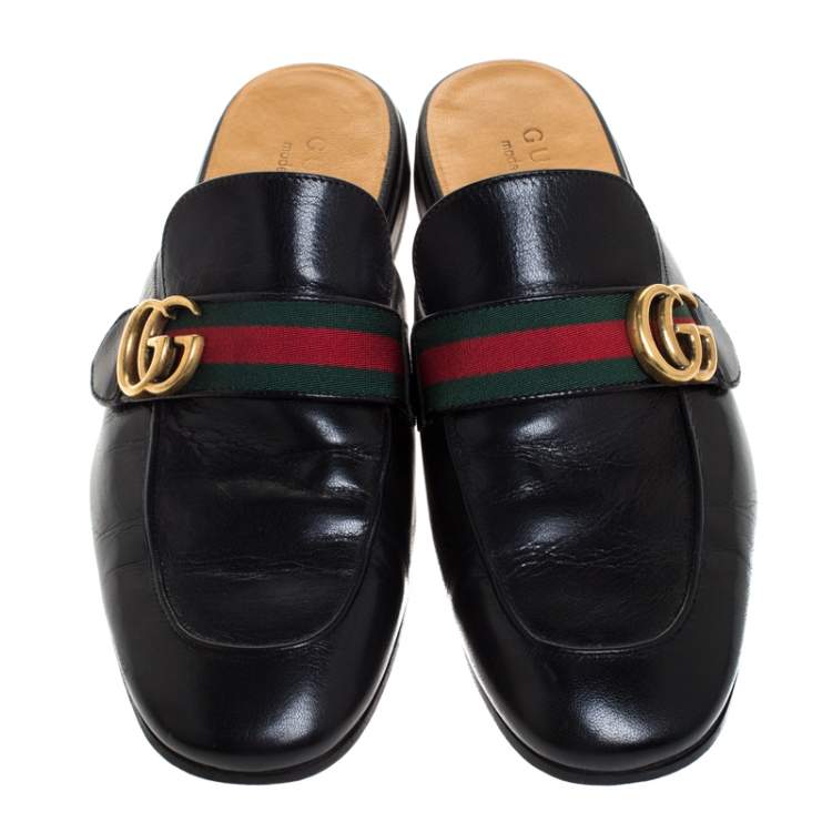 Pre Owned Gucci Black Double G Leather Princetown Flat Mules Size 42.5