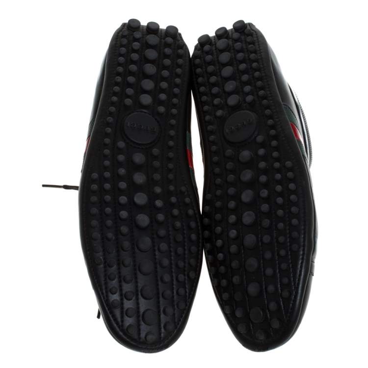 Pre Owned Gucci Black Leather Perforated Detail Web Low Top Sneakers Size 44.5