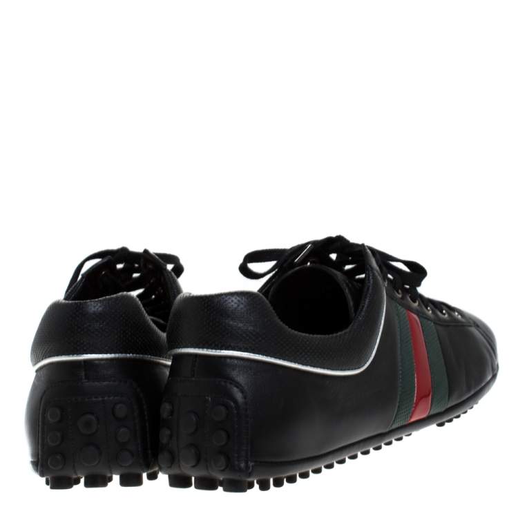 Pre Owned Gucci Black Leather Perforated Detail Web Low Top Sneakers Size 44.5