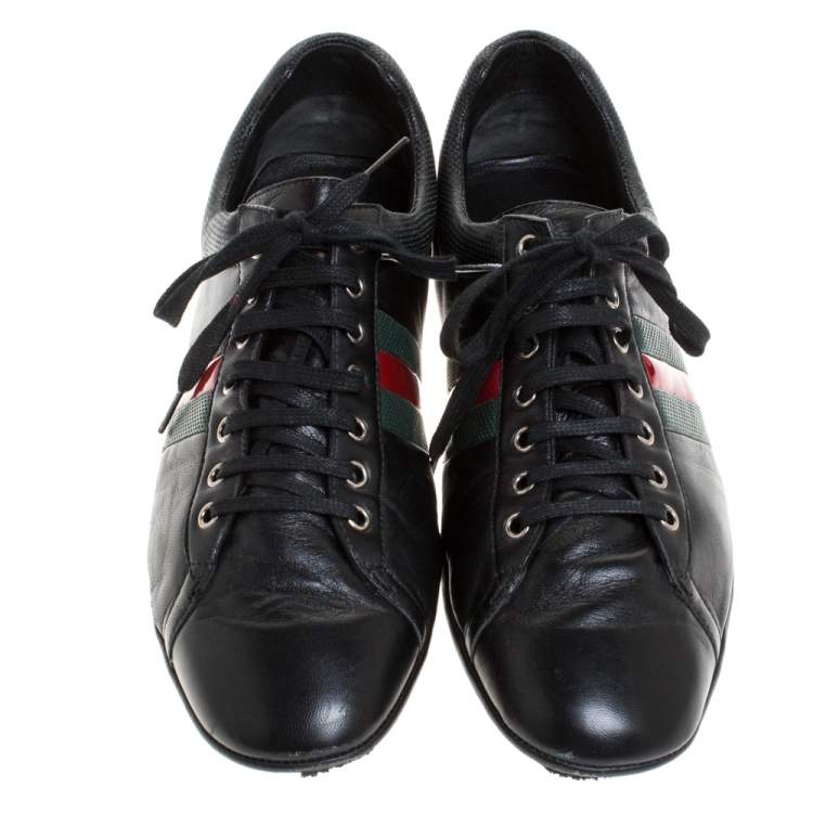 Pre Owned Gucci Black Leather Perforated Detail Web Low Top Sneakers Size 44.5