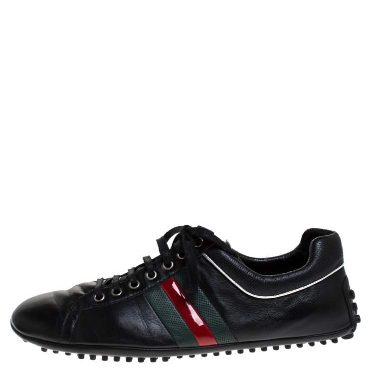 Pre Owned Gucci Black Leather Perforated Detail Web Low Top Sneakers Size 44.5