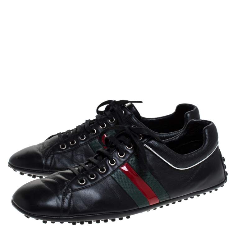 Pre Owned Gucci Black Leather Perforated Detail Web Low Top Sneakers Size 44.5