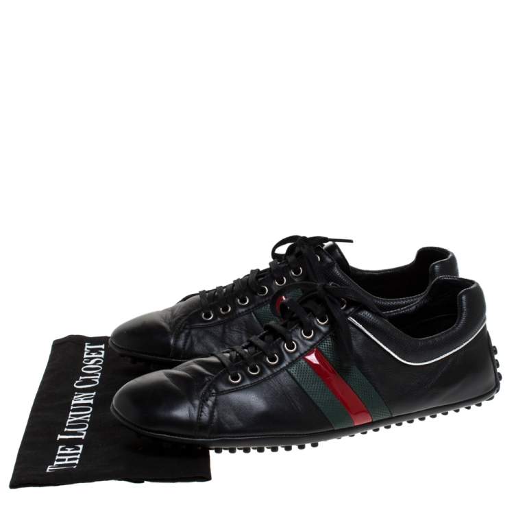 Pre Owned Gucci Black Leather Perforated Detail Web Low Top Sneakers Size 44.5
