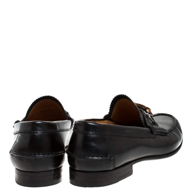 Pre Owned Gucci Black Leather Bamboo Horsebit Loafer Size 45
