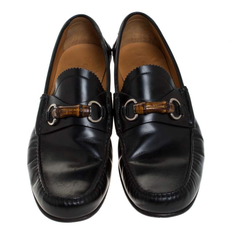 Pre Owned Gucci Black Leather Bamboo Horsebit Loafer Size 45