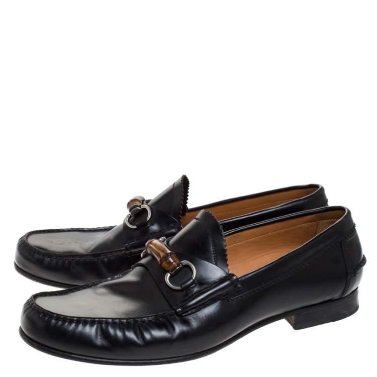 Pre Owned Gucci Black Leather Bamboo Horsebit Loafer Size 45