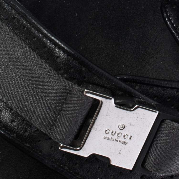 Pre Owned Gucci Black Leather And Canvas Velcro Slingback Sandals Size 45.5