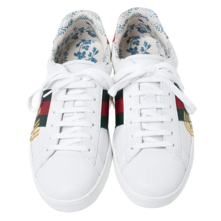 Pre Owned Gucci White Leather Web Detail Ace Low Top Sneakers Size 42