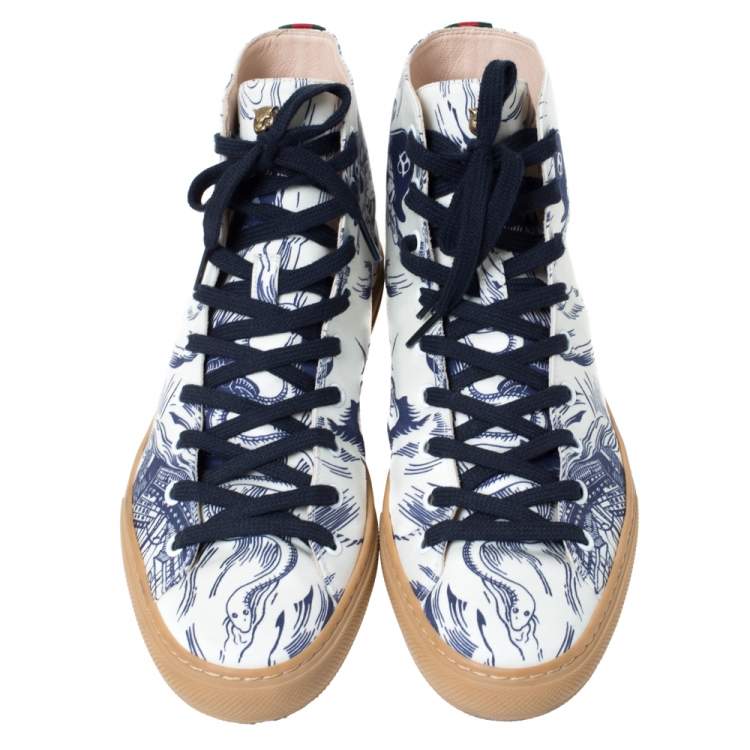 Pre Owned Gucci White/Blue Canvas Sea Storm High Top Sneakers Size 40 cm 