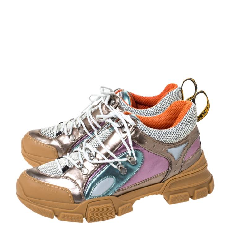 Pre Owned Gucci Metallic  Multicolored Mesh and Leather Flashtrek Sneakers Size 41