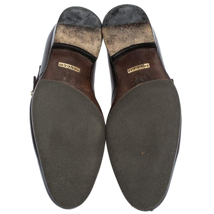 Pre Owned Gucci Brown Leather Double Buckle Monk Strap Oxfords Size 40