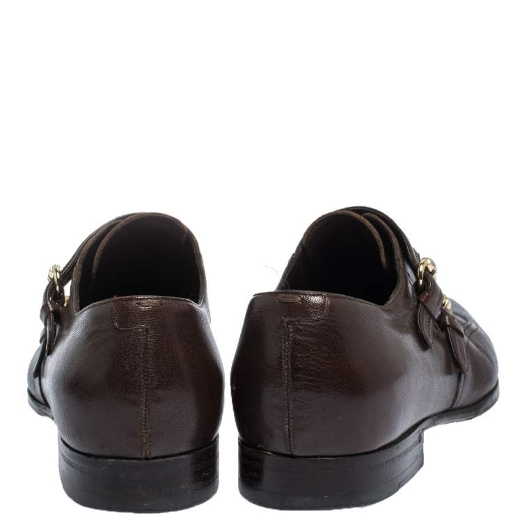 Pre Owned Gucci Brown Leather Double Buckle Monk Strap Oxfords Size 40
