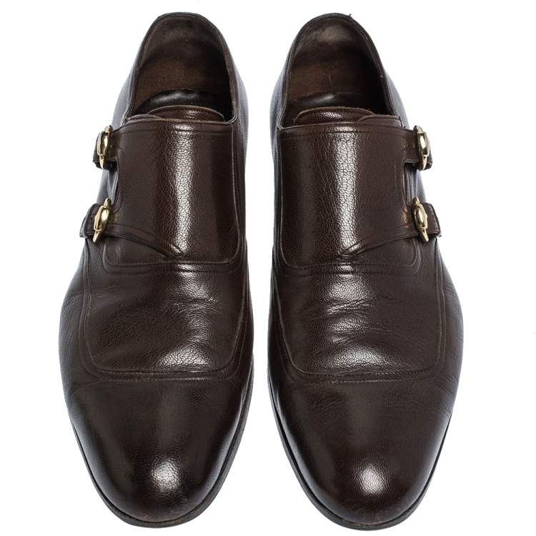 Pre Owned Gucci Brown Leather Double Buckle Monk Strap Oxfords Size 40