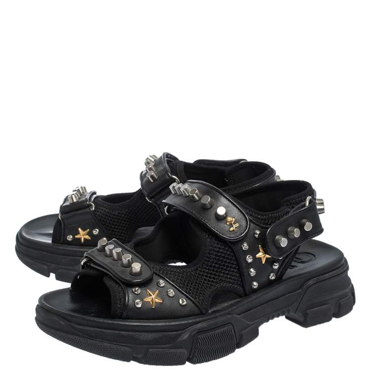 Pre Owned Gucci Black Leather And Mesh Aguru Studded Platform Sandals Size 41