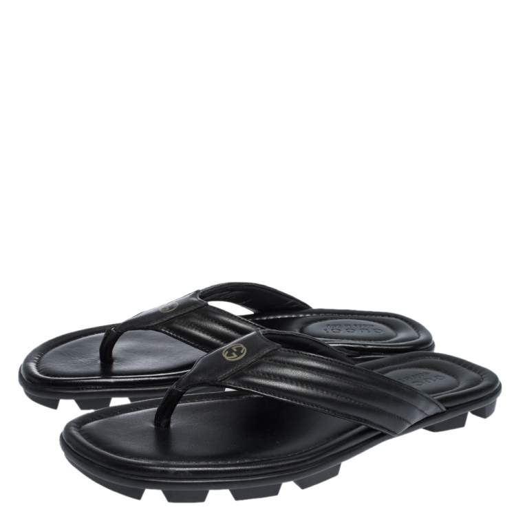 Pre Owned Gucci Black Leather GG Logo Thong Flat Sandals Size 42.5