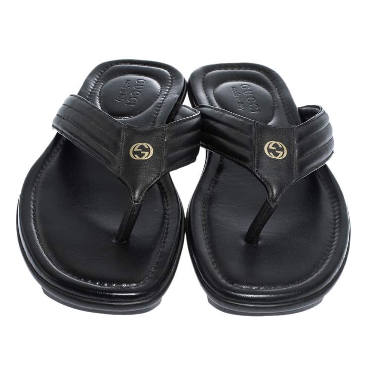 Pre Owned Gucci Black Leather GG Logo Thong Flat Sandals Size 42.5