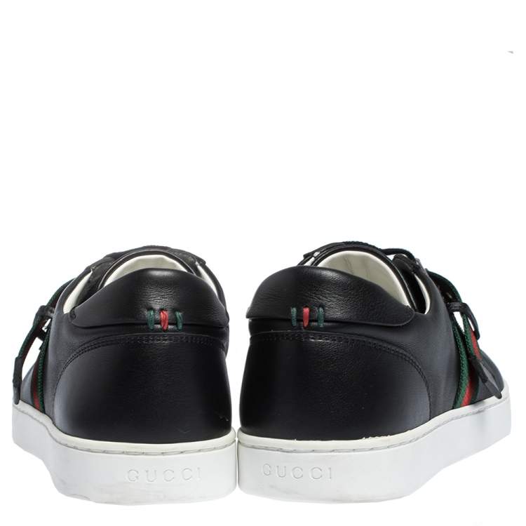 Pre Owned Gucci Black Leather Saville Web Detail Buckle Sneakers Size 42