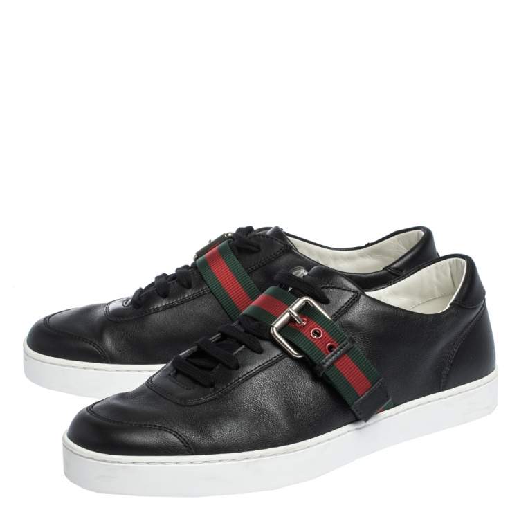 Pre Owned Gucci Black Leather Saville Web Detail Buckle Sneakers Size 42