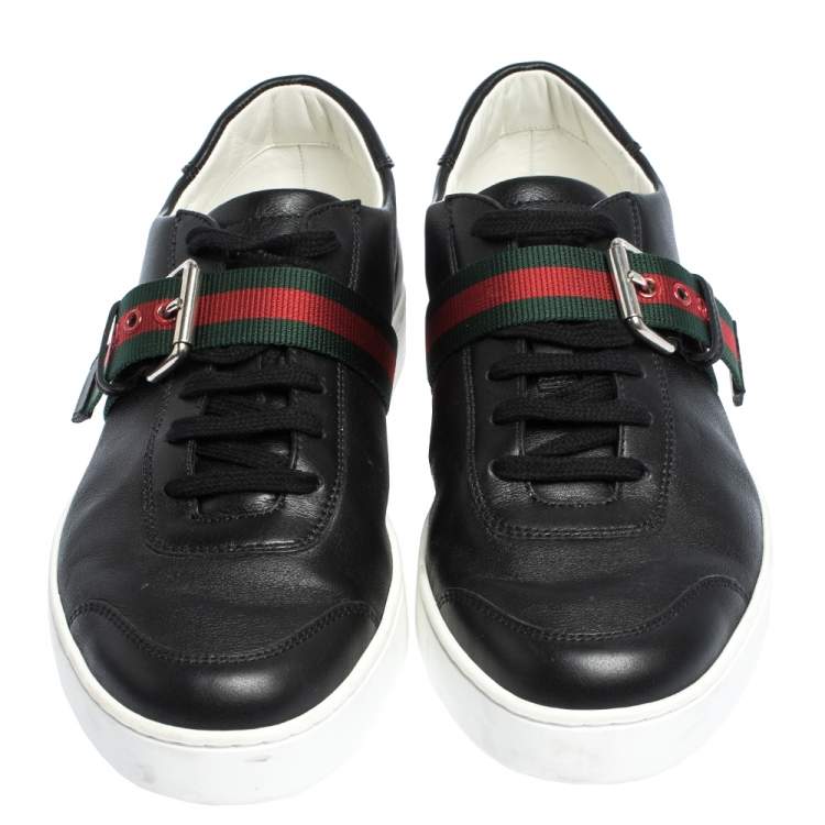 Pre Owned Gucci Black Leather Saville Web Detail Buckle Sneakers Size 42