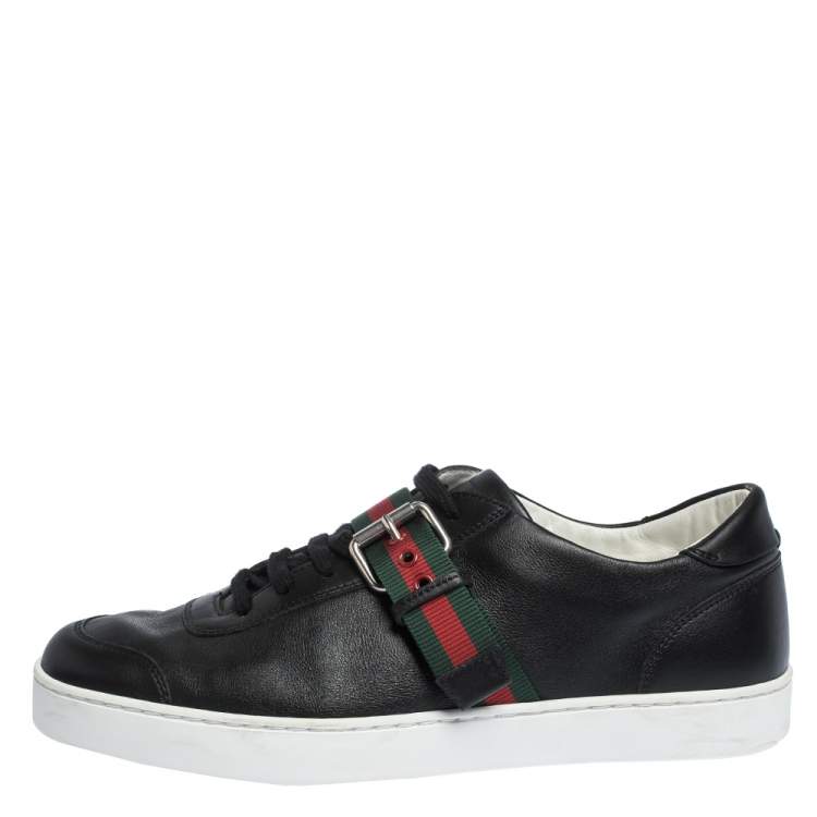 Gucci Black Leather Saville Web Detail Buckle Sneakers Size 42