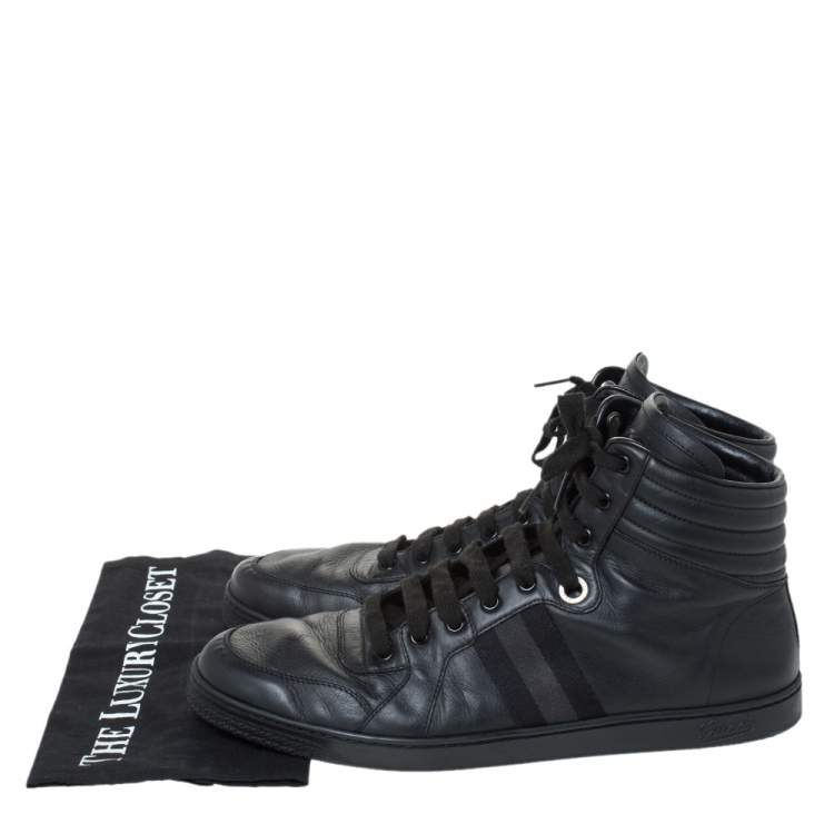 Pre Owned Gucci Black Leather Viaggio Web Detail High Top Sneakers Size 45